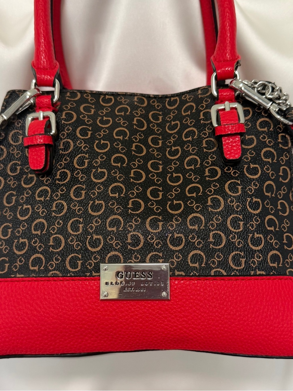 GUESS Red and Brown Monogram Satchel